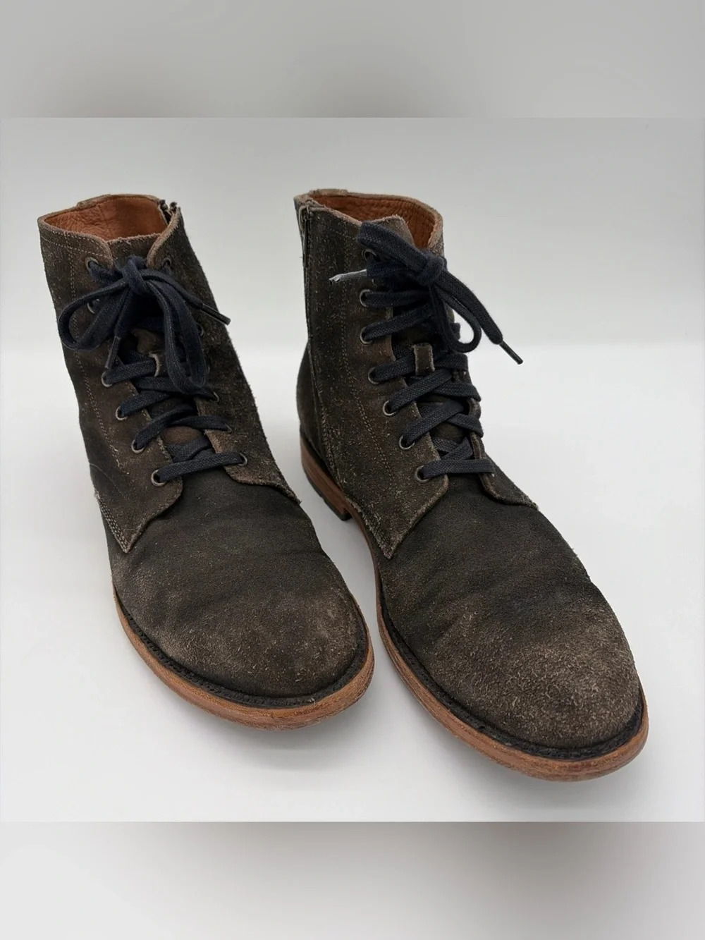 FRYE Men's Suede Bowery Combat Boots Lace-Up Goodyear Welt Construction Faded
